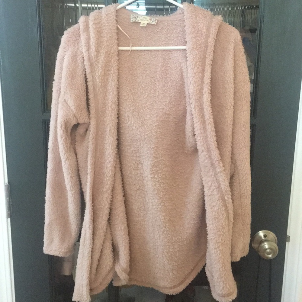 super fuzzy pink cardigan with good